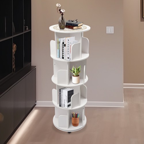 4 Tier White 360° Revolving Bookcase Round Display Book Shelf Rotating Bookshelf