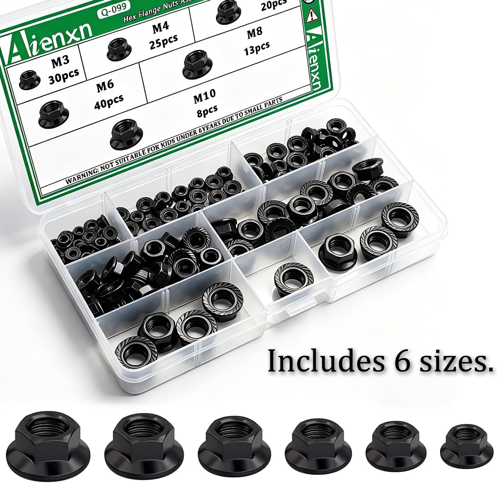 136PCS 6 Metric Sizes Black Carbon Steel Hex Flange Nuts Assortment Kit -M3, …