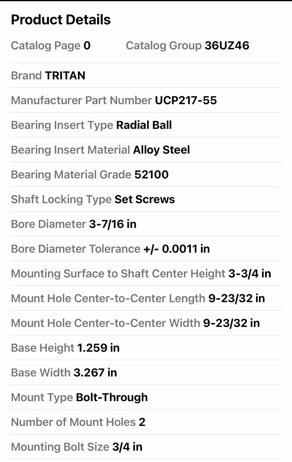 Tritan UCP217-55 Pillow Block Bearing, Ball, 3-7/16″ Bore New Blemished Box