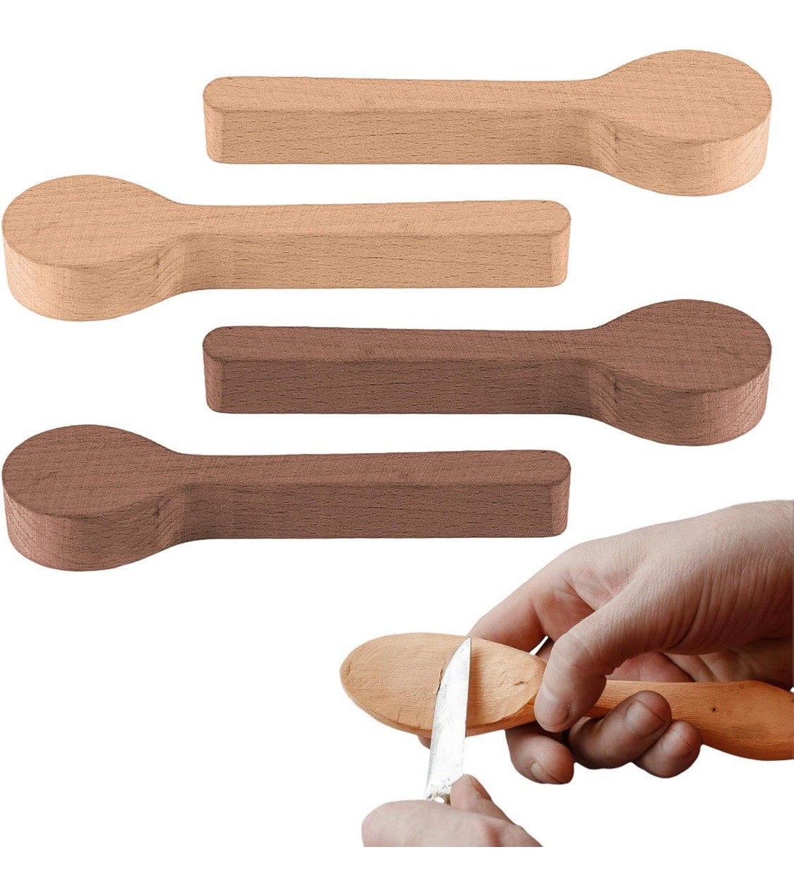 4pc Unfinished Wooden Spoon Carving Kit 2 Light Basswood 2 Dark Walnut Blank