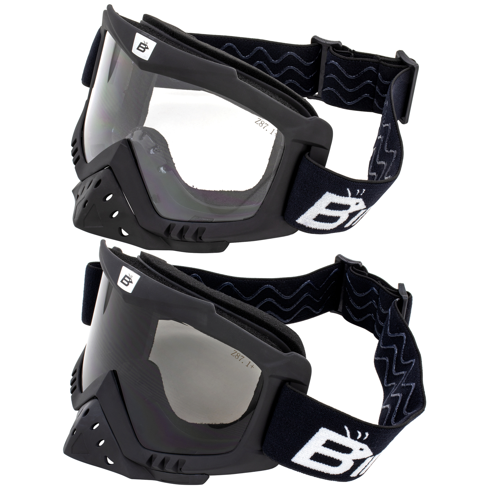 2 Pairs Birdz Eyewear Toucan A/F Padded Motorcycle Goggles w/ Clear, Smoke Lens