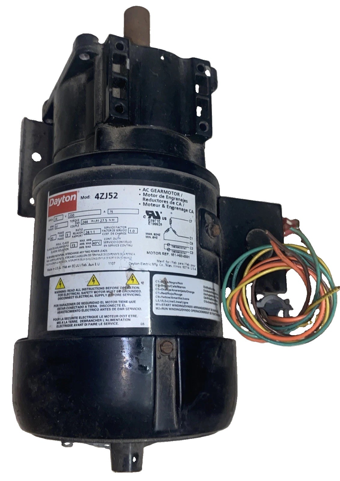 DAYTON 4ZJ52 AC Gearmotor Single Output Shaft 61 Rpm 244″-lb Torque