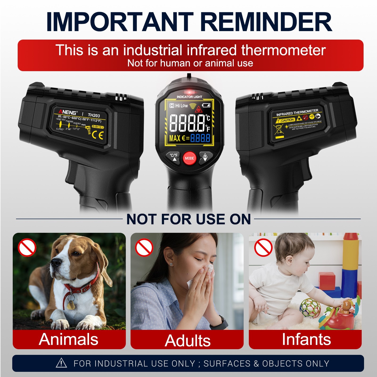 ANENG Infrared Thermometer Digital Laser Temperature Gun 12:1 IR Heat Meter Test
