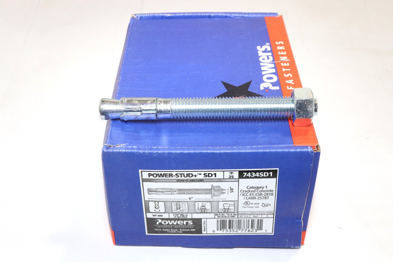 QTY.25- POWERS 7434SD1 5/8″ X 6″ POWER STUD + SD1 SEISMIC WEDGE CONCRETE ANCHORS
