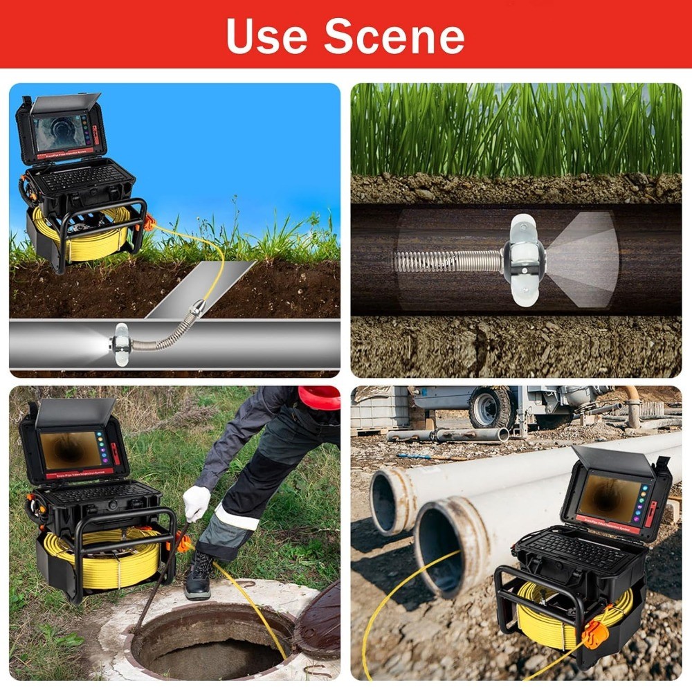 300FT Sewer Camera w/ 10.1″ Touchscreen Self-Leveling 12 LED Lights & Recording
