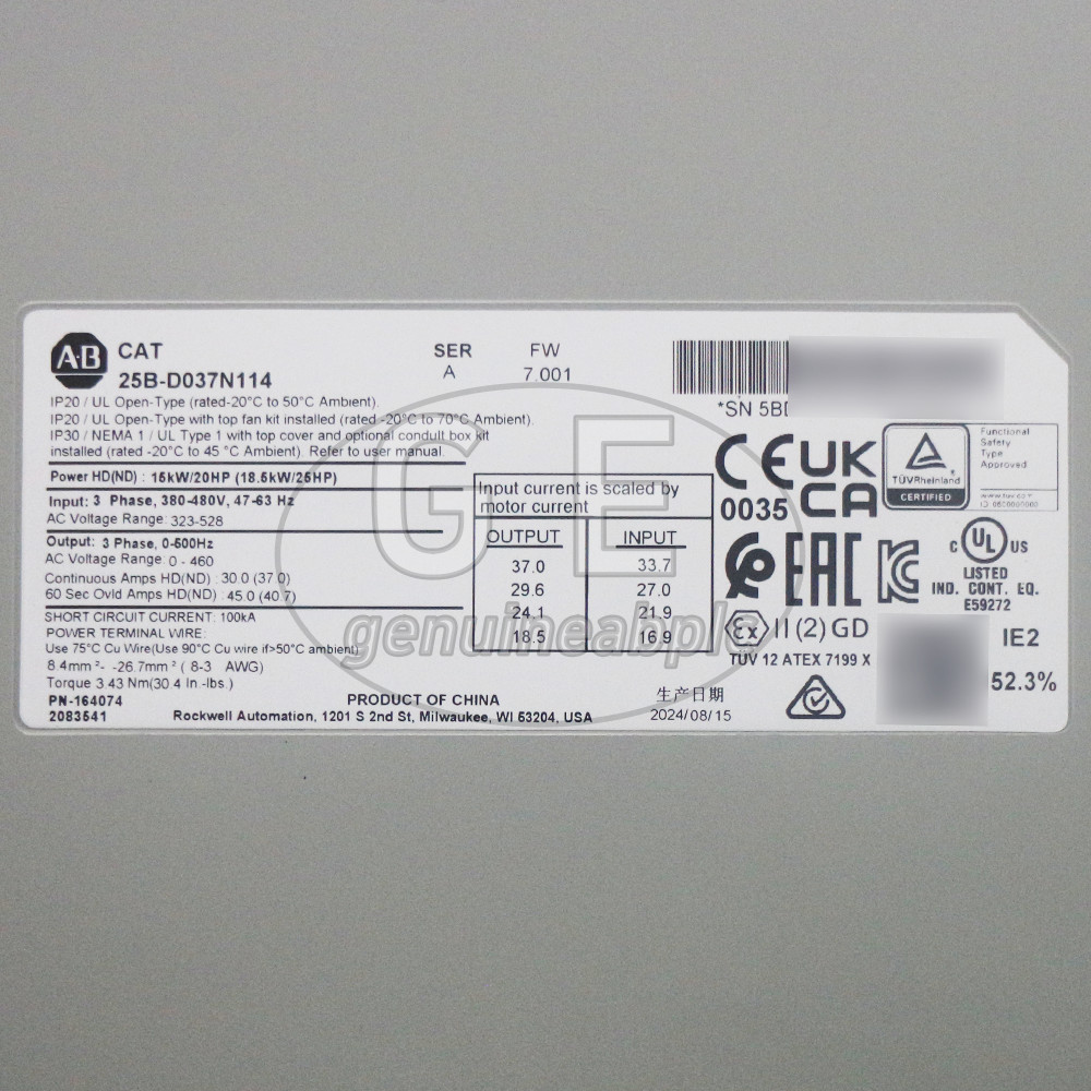 Allen-Bradley25B-D037N114PowerFlex 525 18.5kW 25Hp AC Drive Variable Frequency