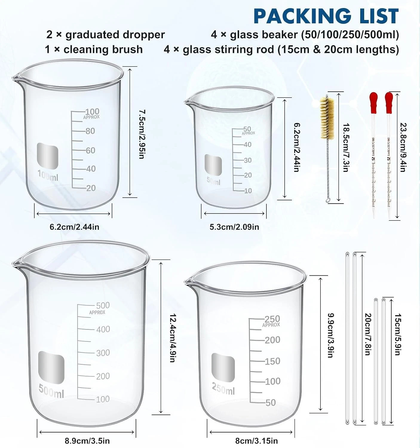 Set of 19,Laboratory Glassware Set Science Lab Chemistry Beaker 50/100/250/500ML