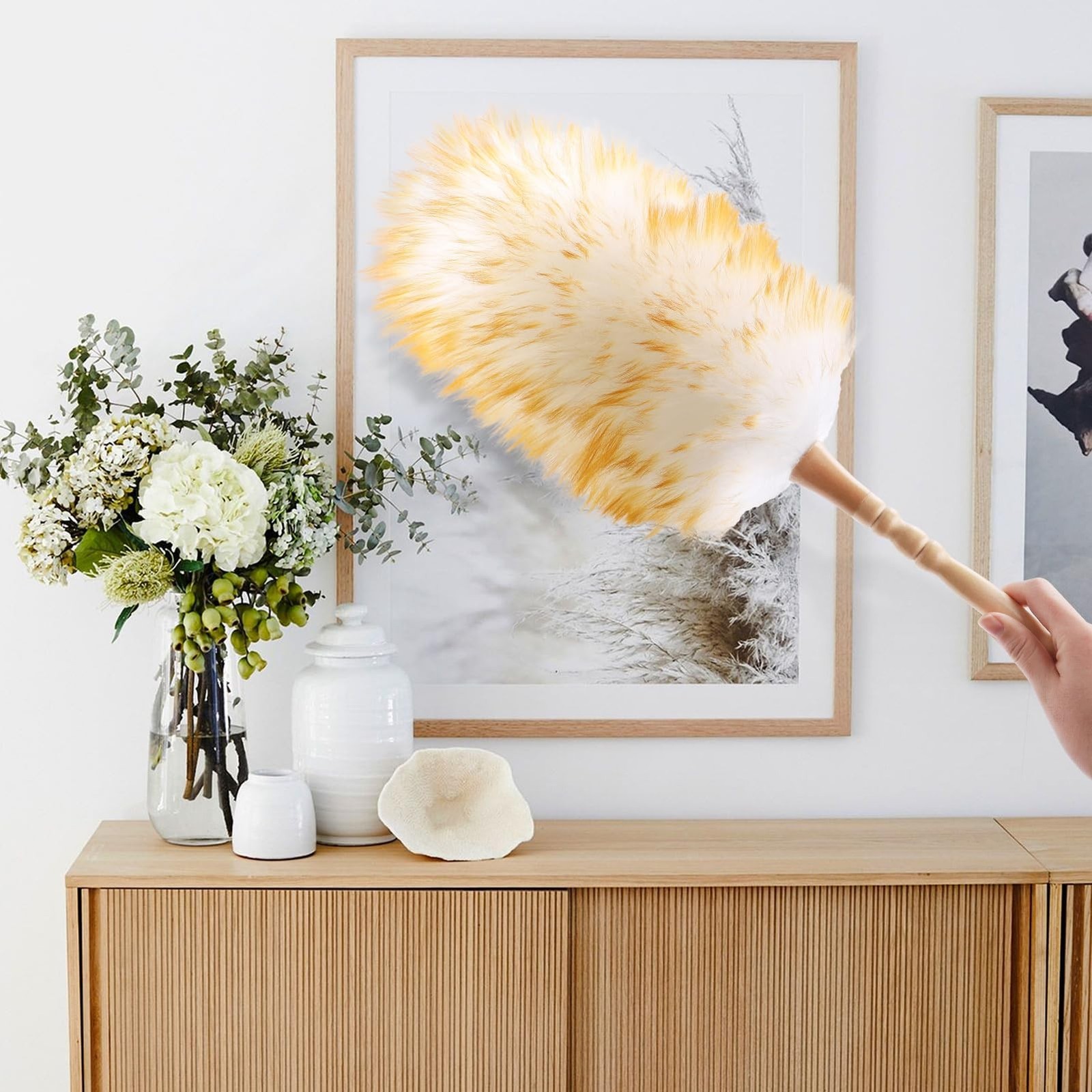 Lambswool Duster for Cleaning with Solid Wooden Handle Leather Hang Strap 19….