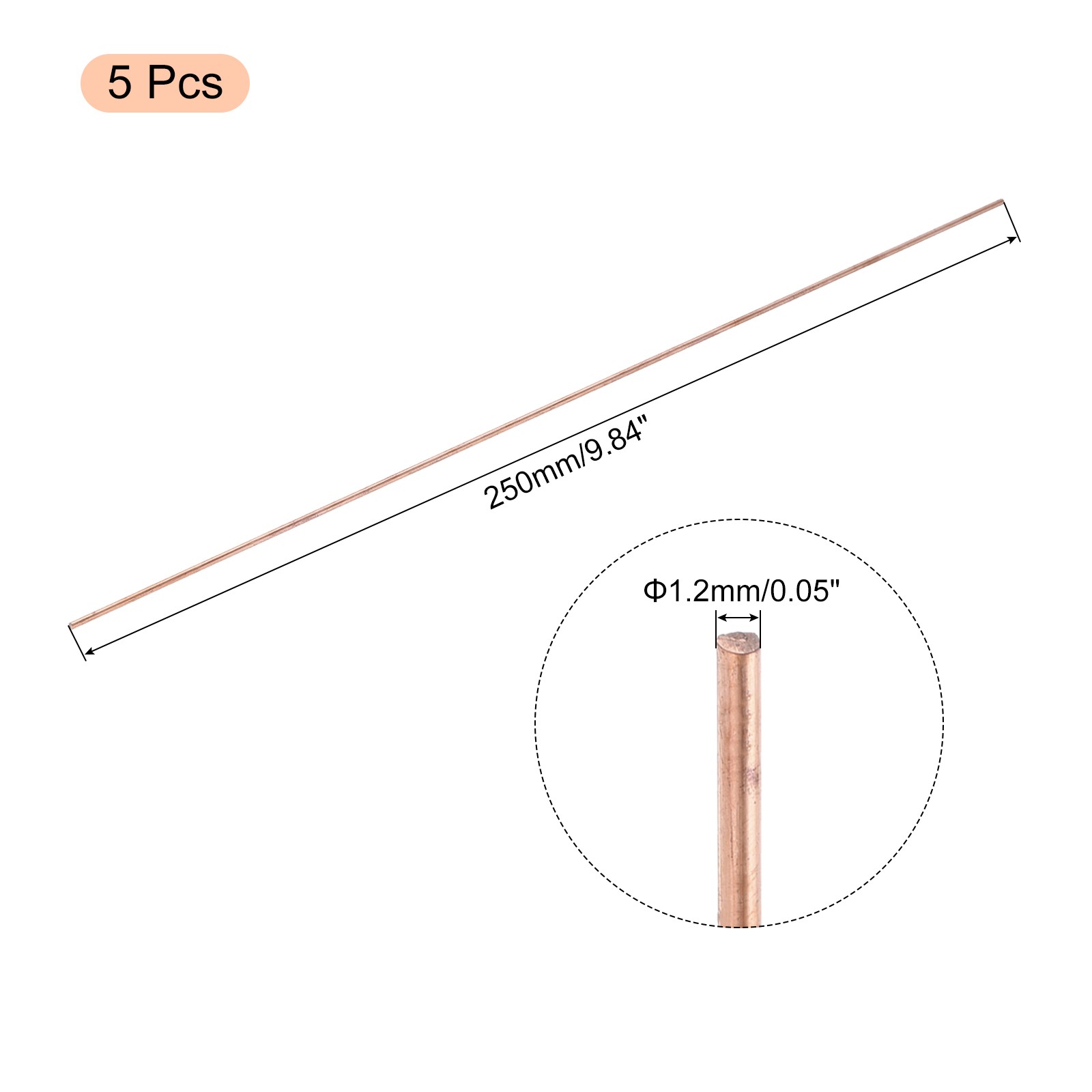 5 Pack Pure Copper Round Rod 1.2mm/0.05″ Dia 9.84″ Length Solid Copper Rod