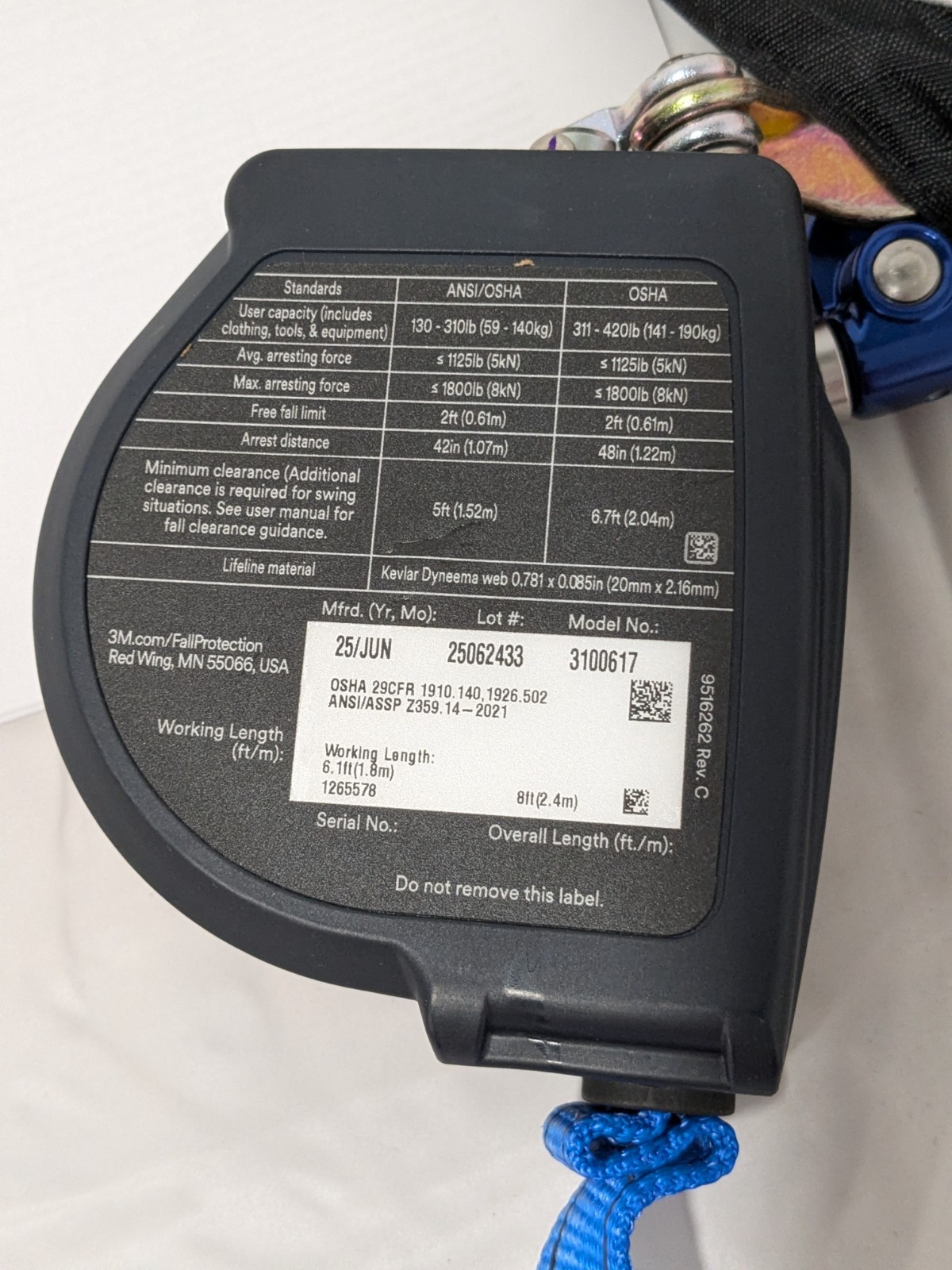 DBI-SALA Self-Retracting Lifeline: 420 lb Capacity, 8.00' Lifeline 70128185