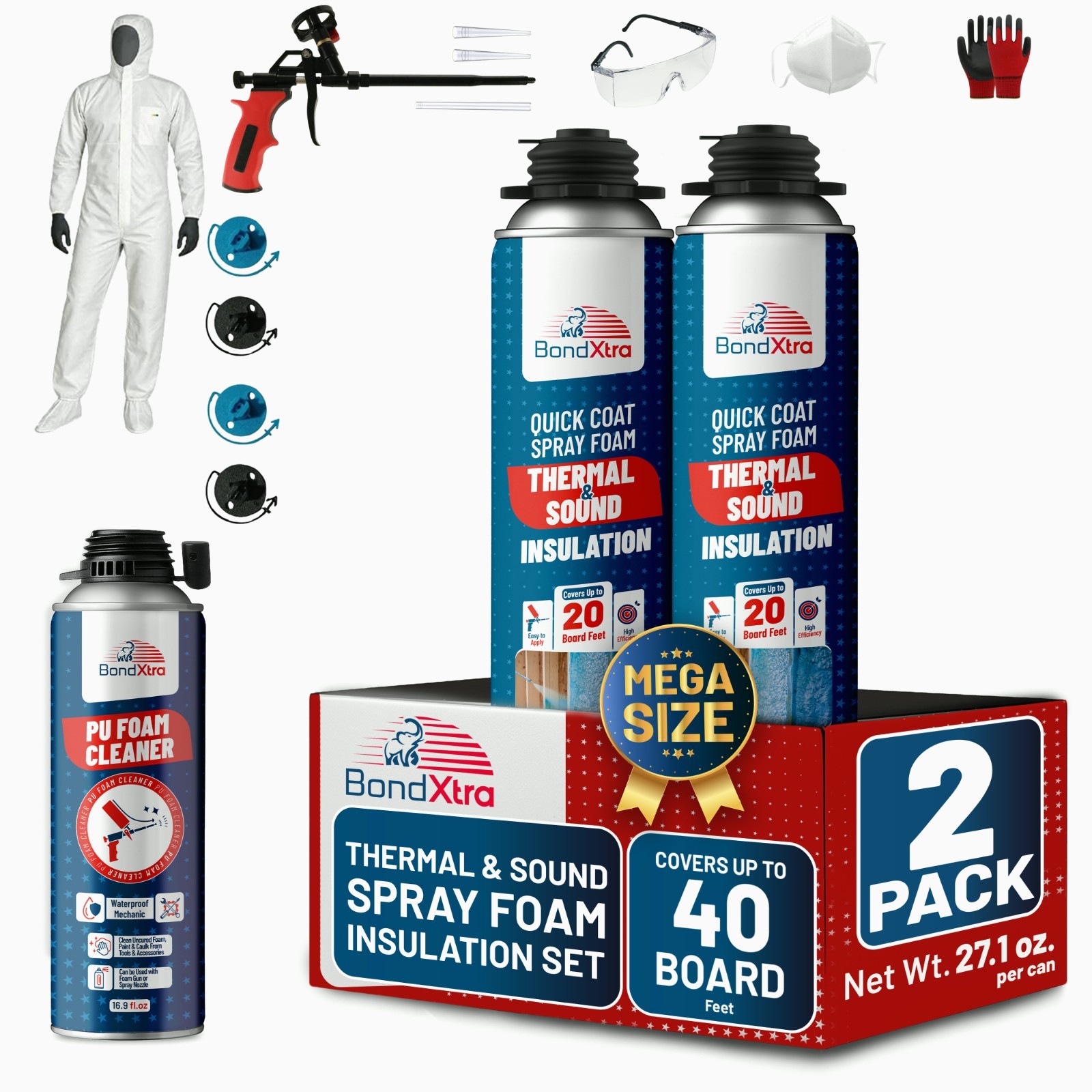 Spray Foam Insulation Kit (2 x 32.80 oz/930 gr – 40 Board feet), Self-Expanding