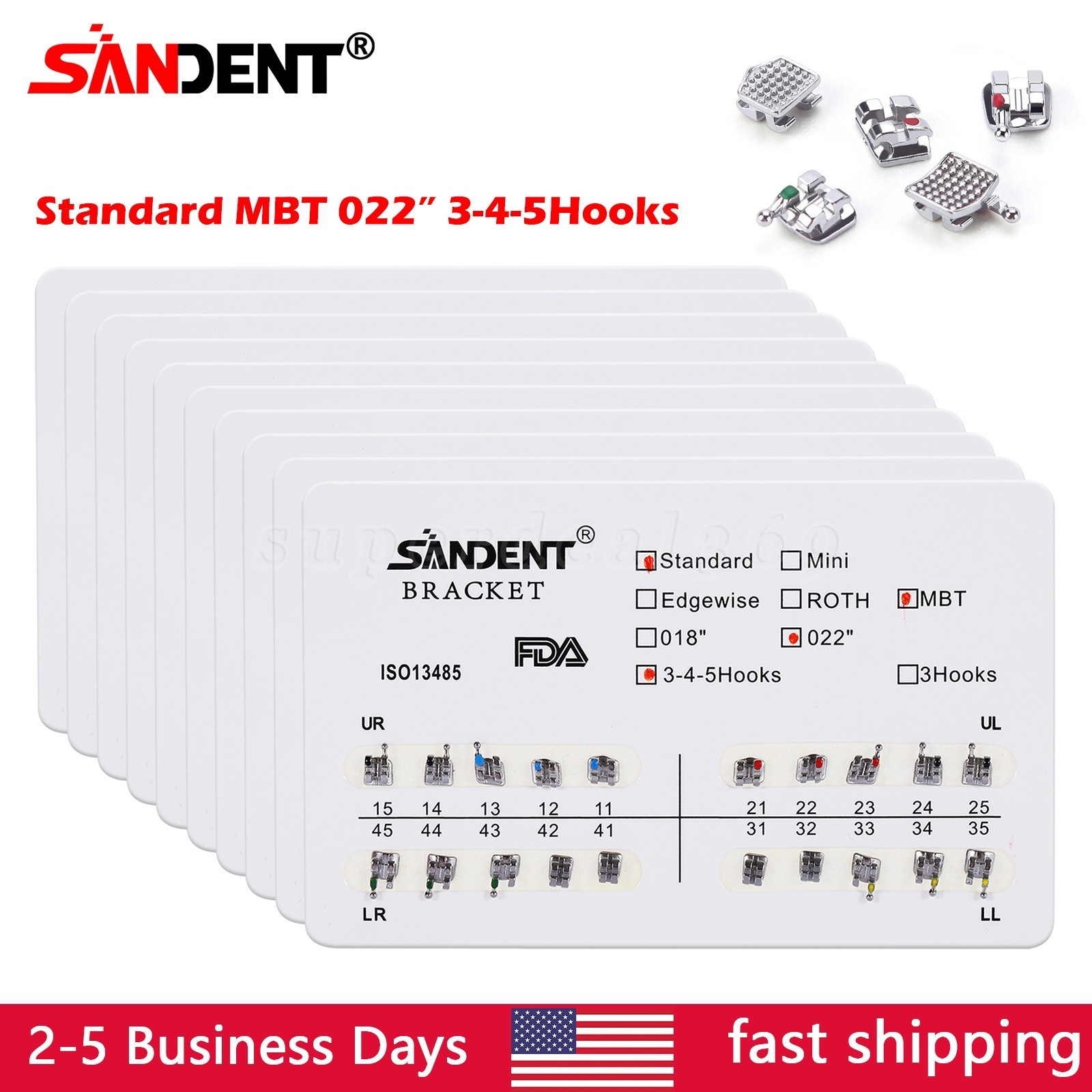10 kits Dental Orthodontic Braces Brackets Standard MBT 022″Slot 345 Hooks YBB