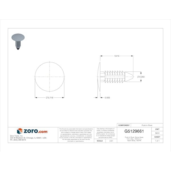 Zoro Select 5625Pk Push-In Rivet, Dome Head, 1/4 In Dia., 13/16 In L, Nylon