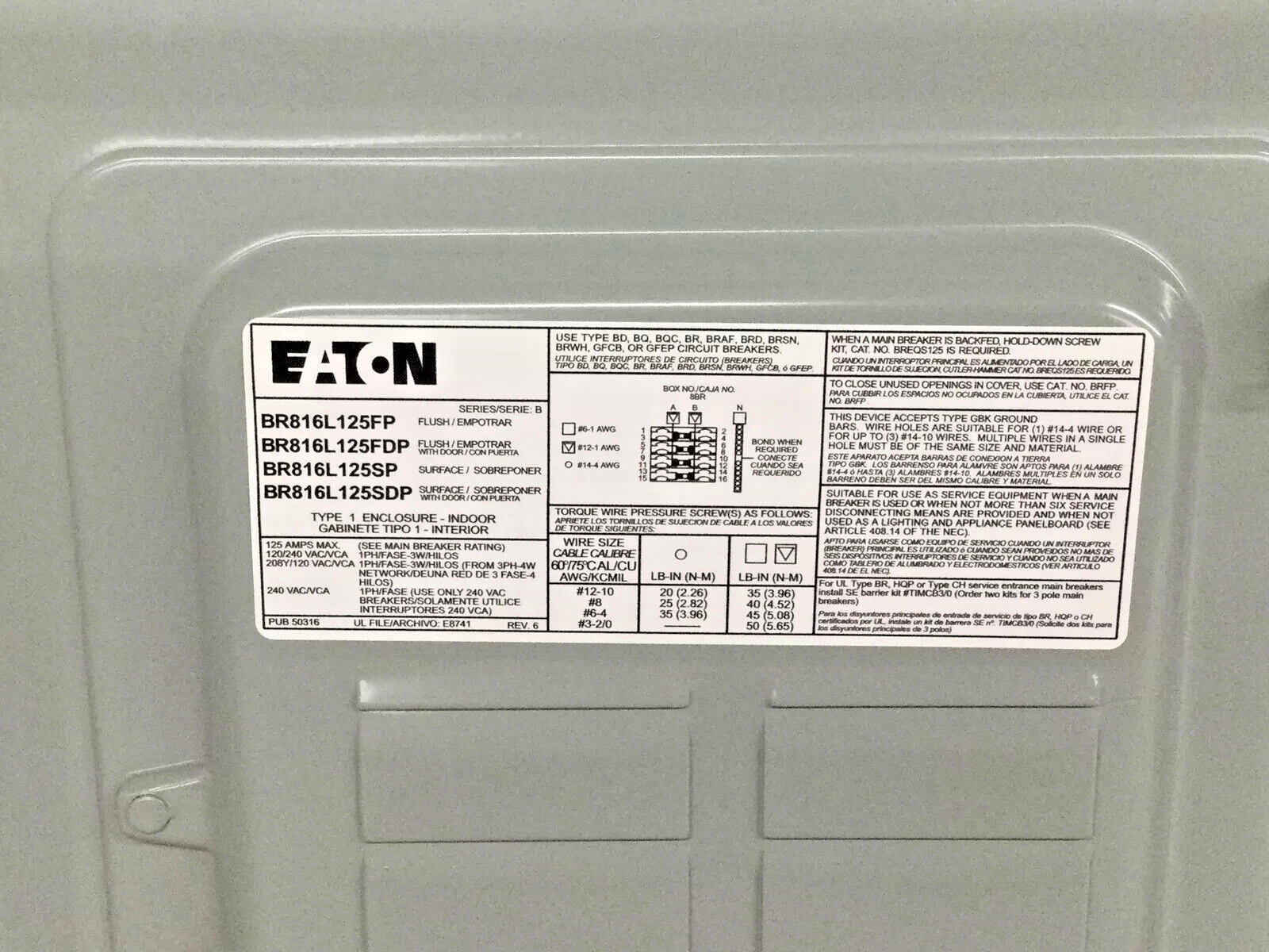 BRAND NEW EATON BR816L125SDP INDOOR MAIN LUG 125-A 16-CIRCUITS 8-SPACES