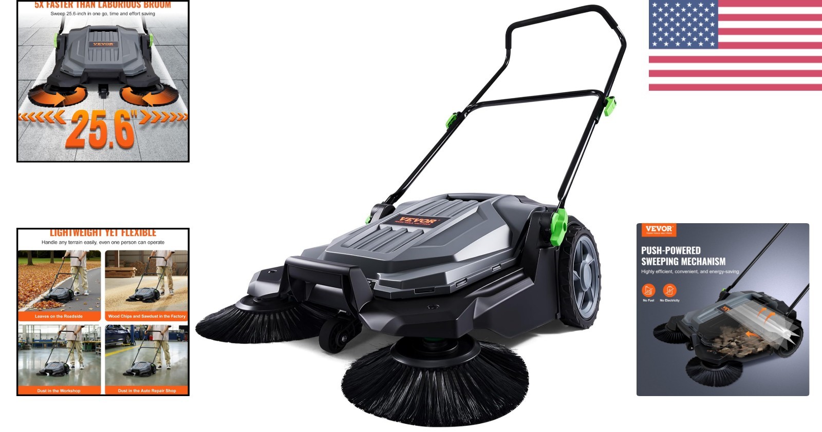 25.6″ Walk-Behind Hand Push Floor Sweeper with Large 5-Gallon Waste Container