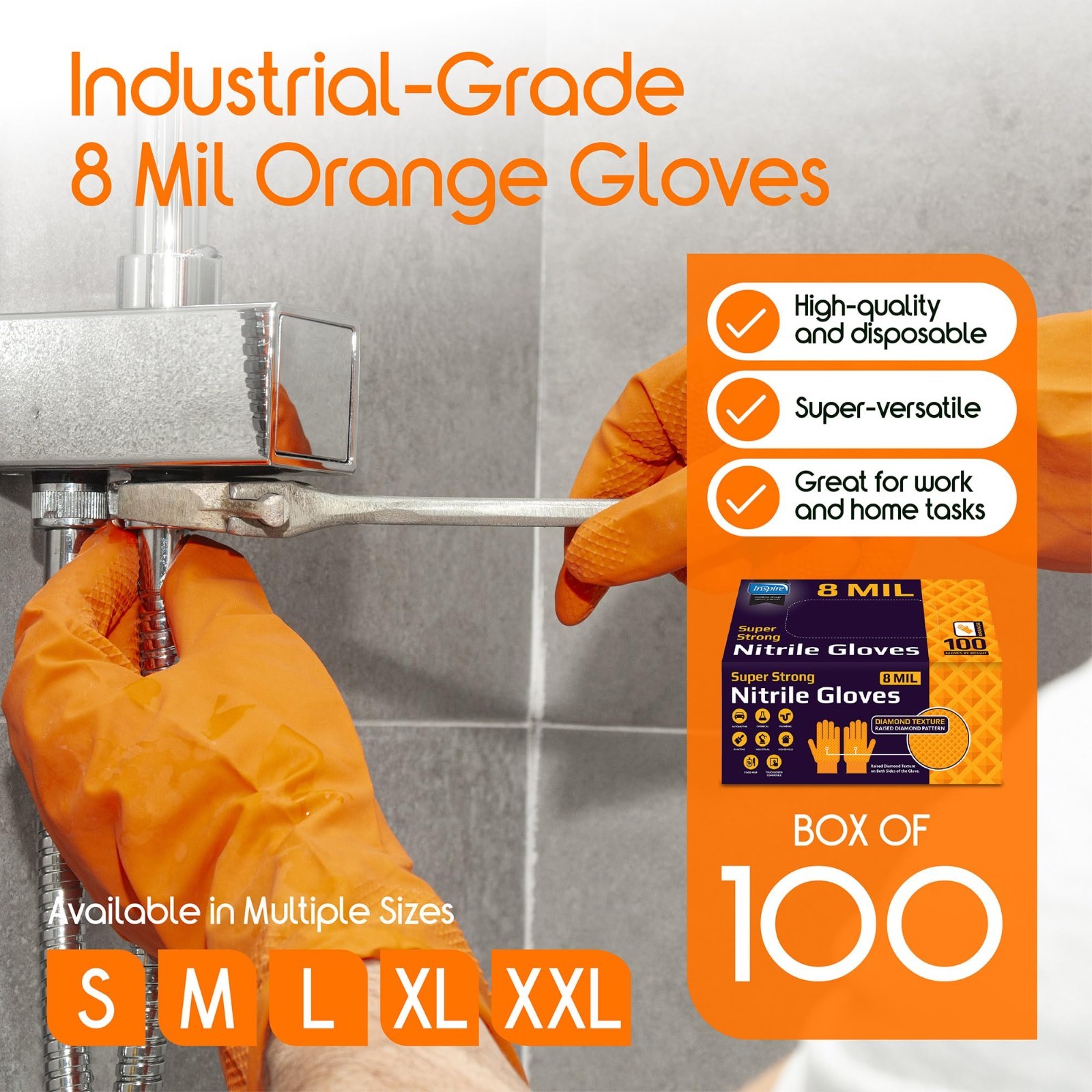 Heavy Duty Orange Nitrile Gloves | 8 Mil Diamond Textured Grip | Industrial Clea