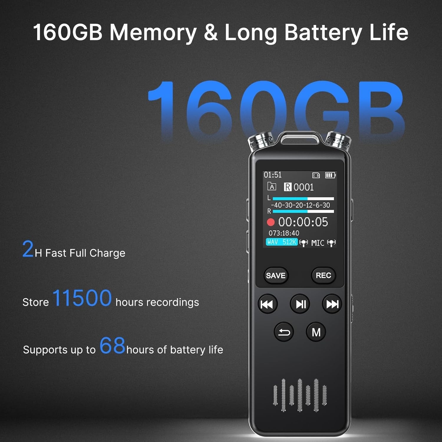 160GB Digital Voice Recorder with Playback,1536Kbps HD Stereo Audio Recorder
