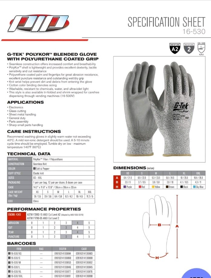 PIP 16-530 ▪︎ Cut Resistant Coated Gloves ▪︎ A3 Cut Level《NEW》Pack Of 12 Size XS