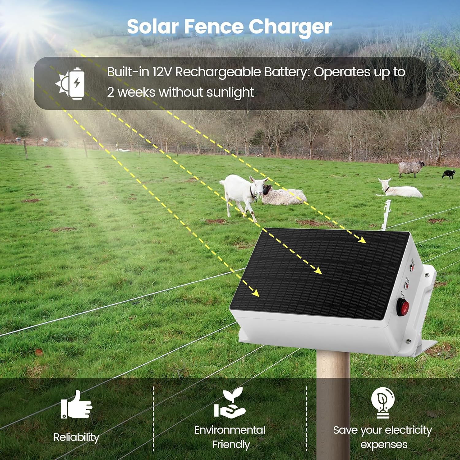 Solar Fence Charger – Solar Electric Fence Energizer for up to 5.6 Miles, 0.2 J