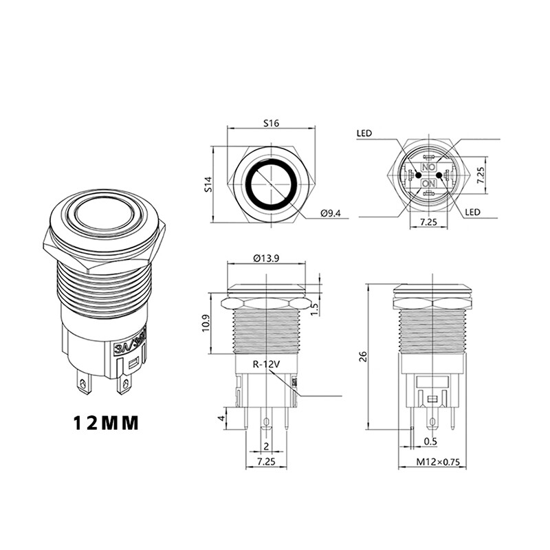 12/16/19/22mm Waterproof Momentary / Latching LED Push Button Switch Metal 3~24V