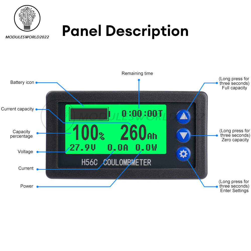 DC 9-100V 100A/400A Battery Level Monitor Hall Coulomb Meter Voltmeter Ammeter