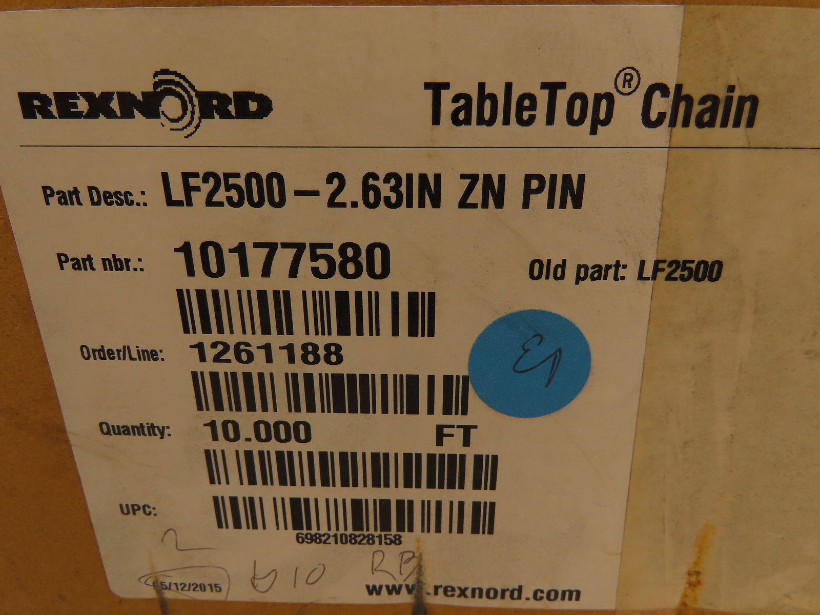 Rexnord 10177580 LF2500-2.63″ZN PIN Plastic TableTop Chain 10FT