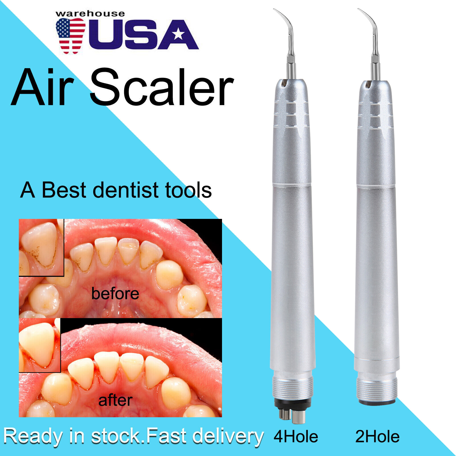 Dental Ultrasonic Air Scaler Handpiece Hygienist 2Hole/4Hole With 3 Tips USA