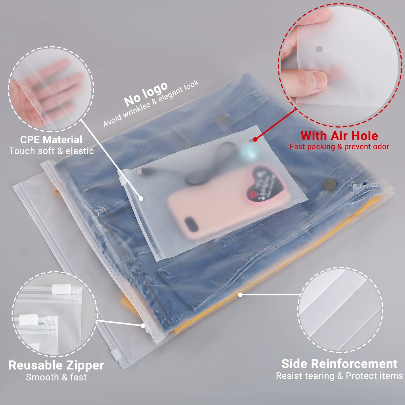 50 Count 14×18 Inch 2-Gallon Frosted Zipper Bags for Clothes Sweaters Hoodies