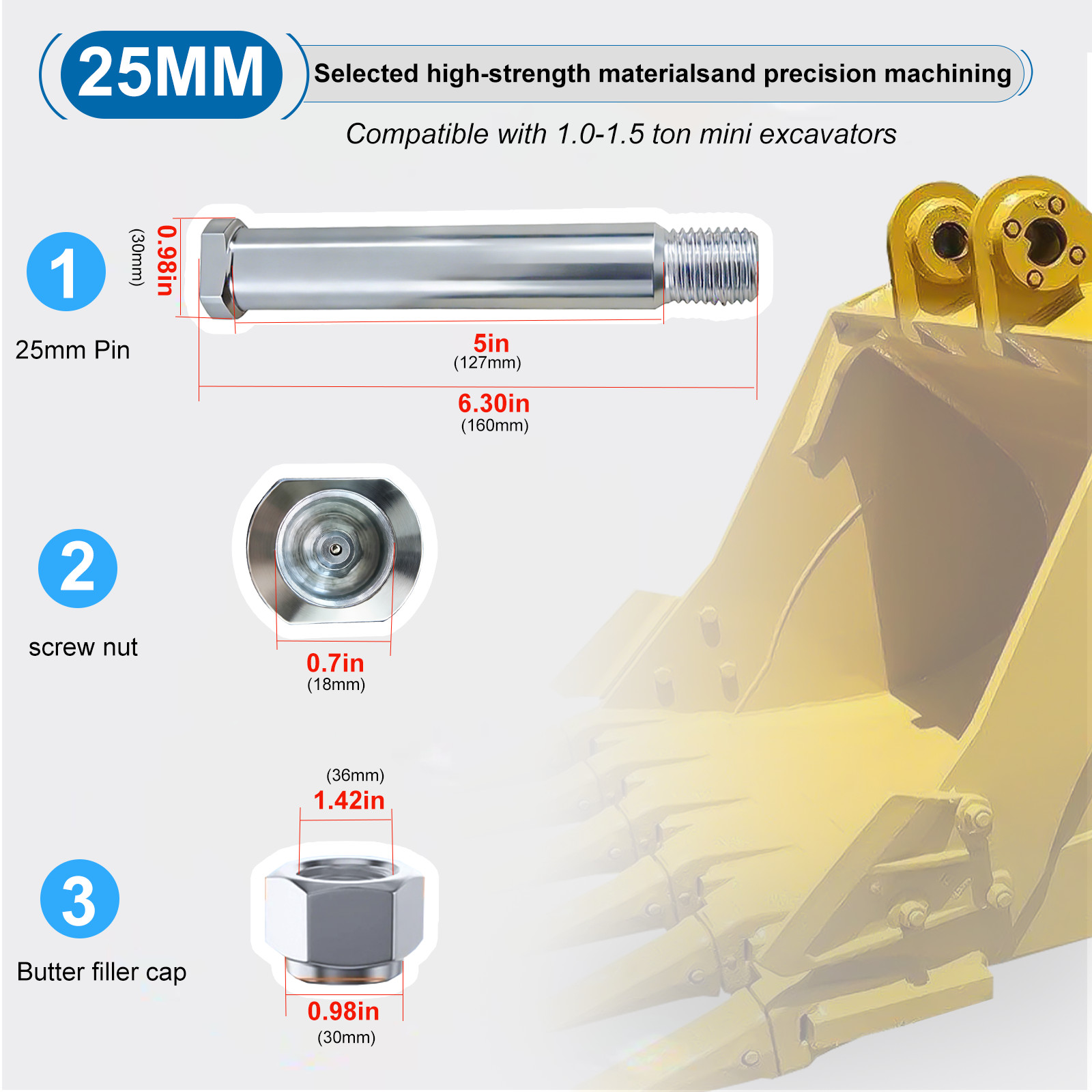 25mm Mini Excavator Pin 2Pcs Heavy Duty For Mini Digger Boom Dipper Stick Bucket