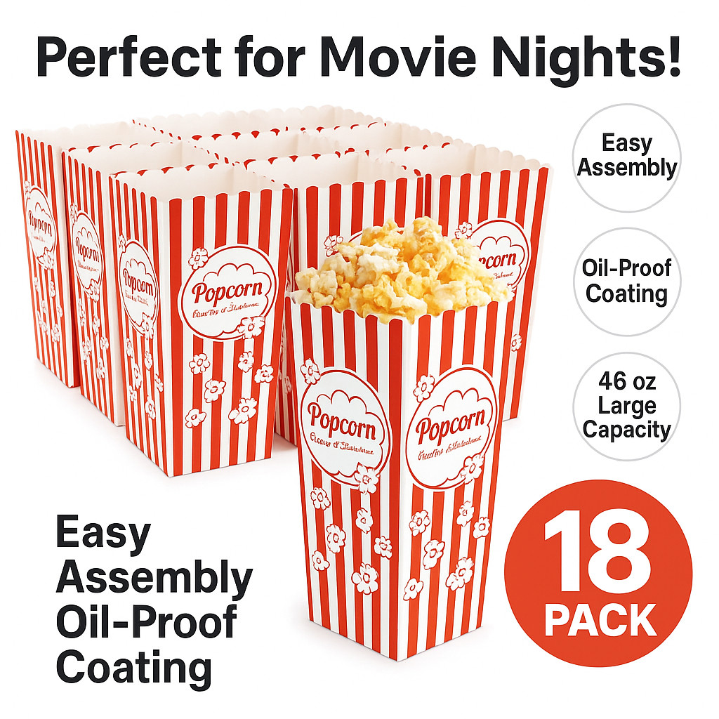 18 Pack Popcorn Boxes Disposable 46oz Red White Striped Cardboard Snack Holder