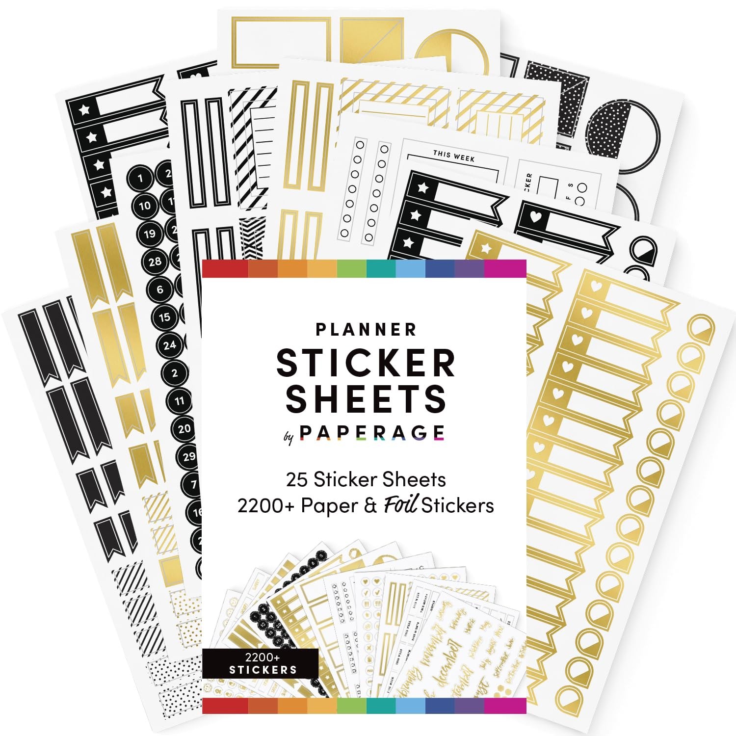 PAPERAGE Planner Stickers, Simple Gold Foil 25 Sheets, Black, White,