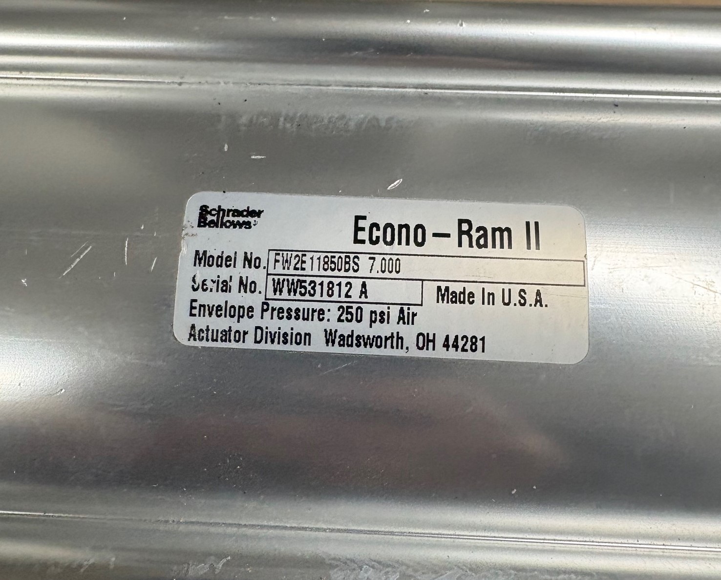 SCHRADER BELLOWS ECONO-RAM II FW2E11850BS 7.000 PNEUMATIC CYLINDER 250 PSI NEW
