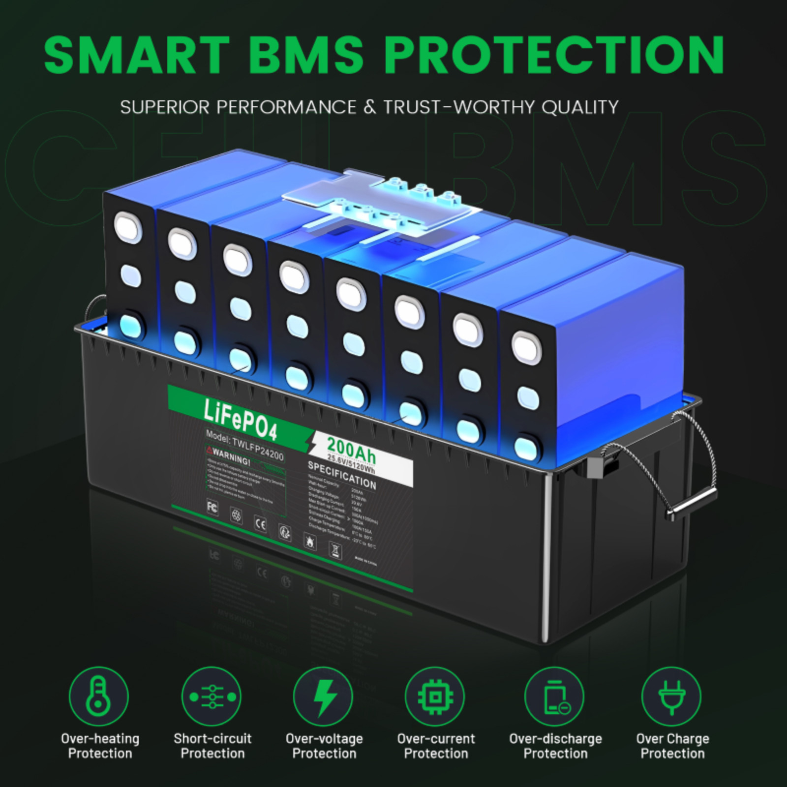 24V 100Ah LiFePO4 Lithium Battery Cycle Deep Built-in BMS for Solar RV Off-grid
