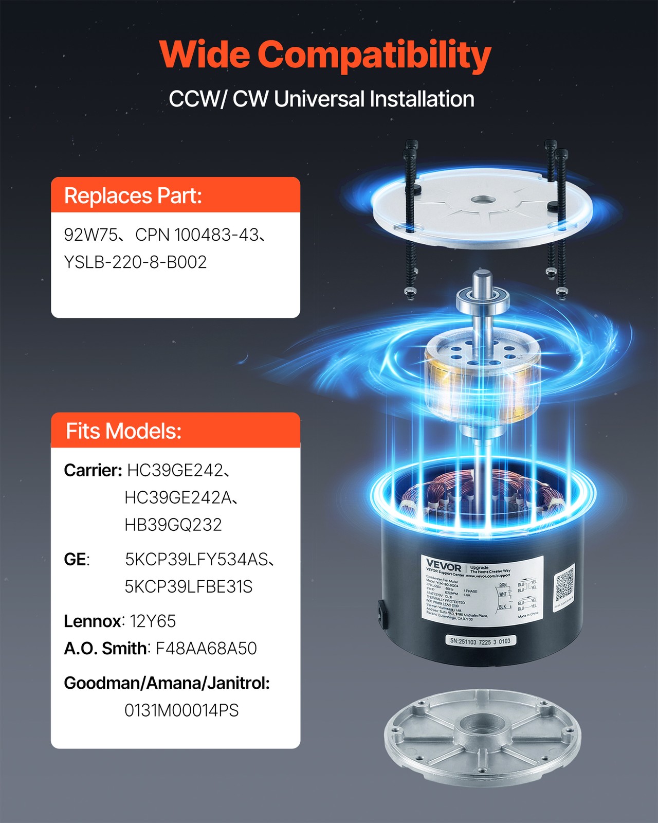 VEVOR Condenser Fan Motor with Capacitor 1/4HP 825RPM 208-230V CW/CCW Rotation