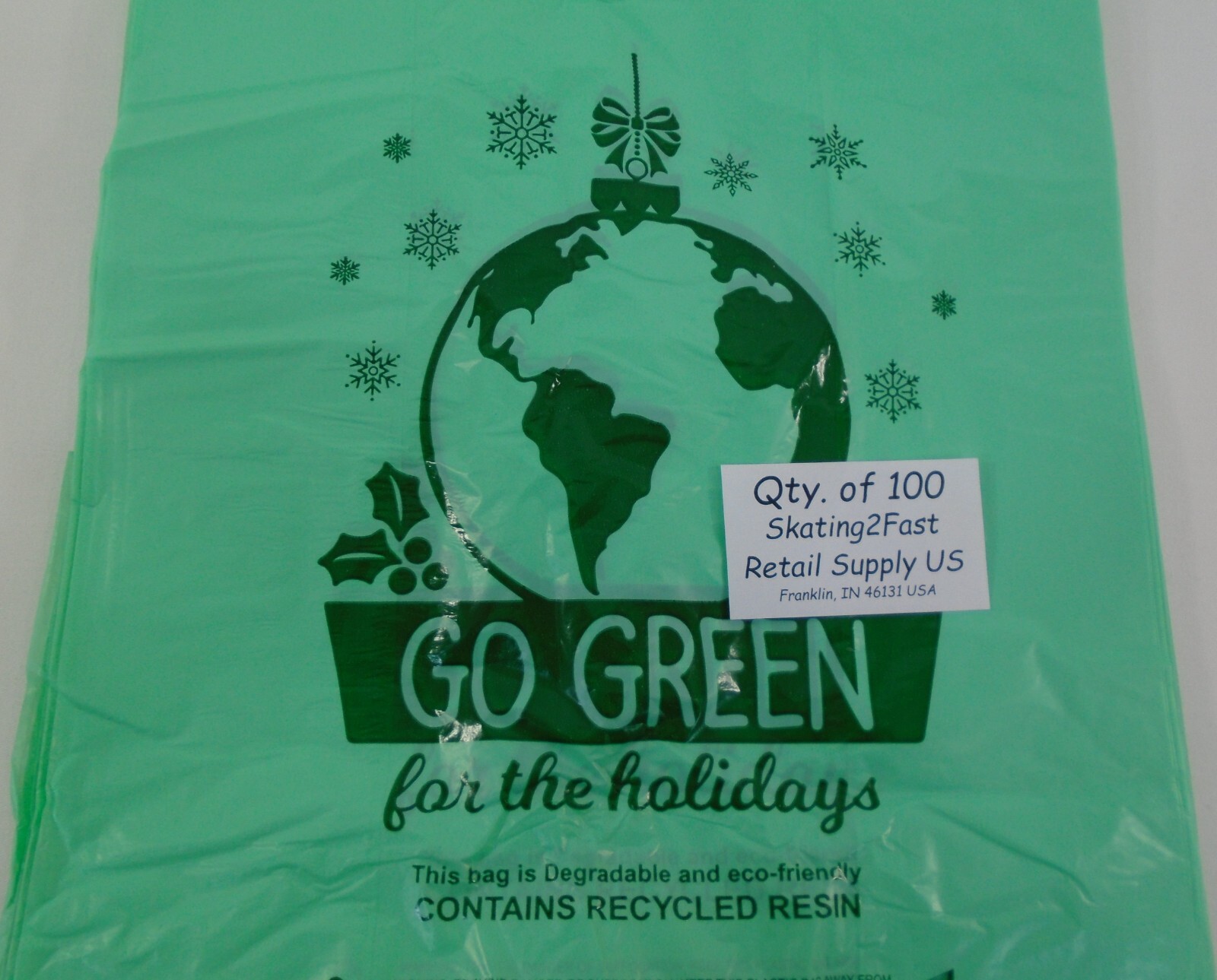 100 Qty. Go Green Holiday Degradable Plastic T-Shirt Bags Handles 11″x6″x21″
