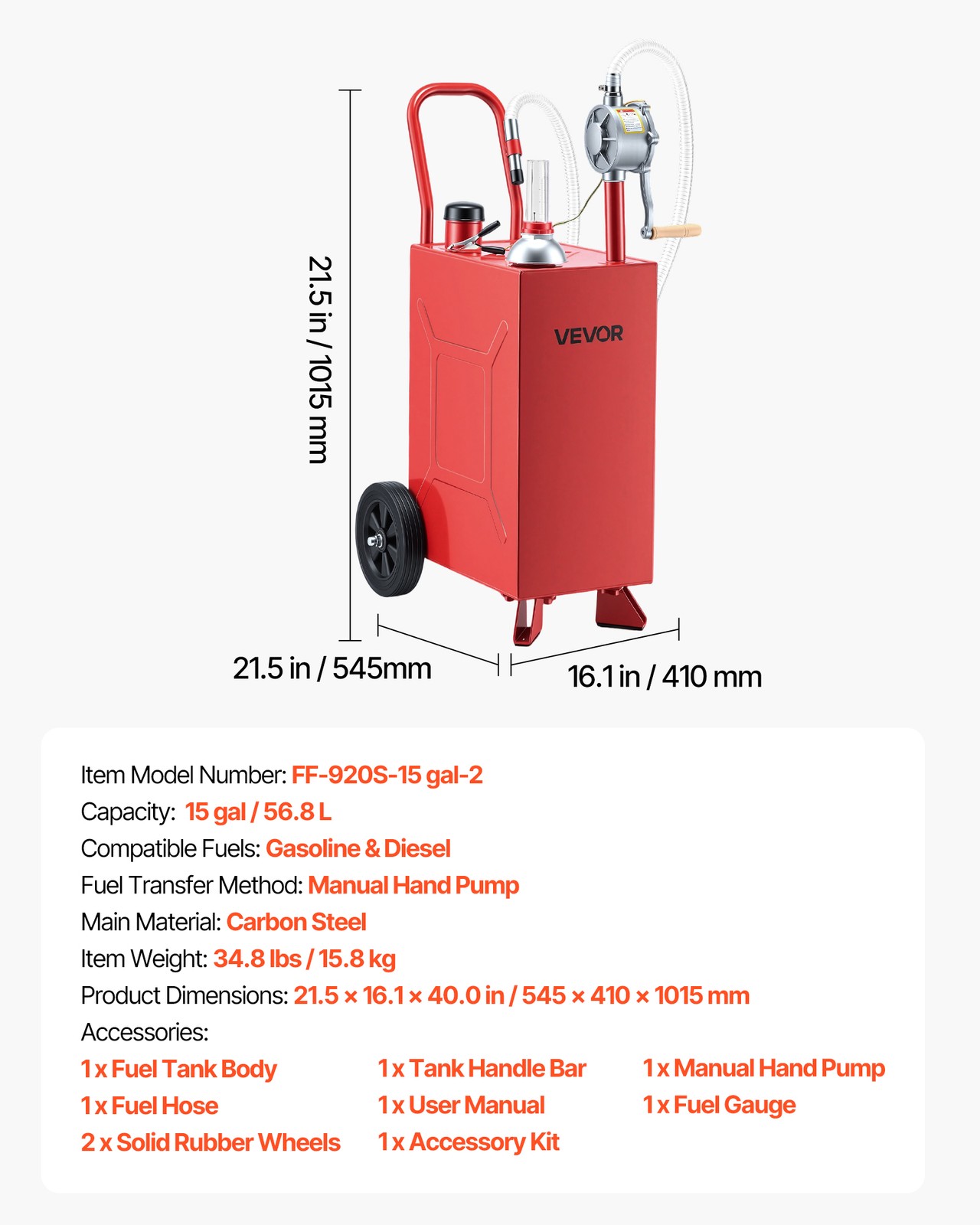 VEVOR 15 Gal Fuel Gas Caddy Portable Storage Tank with Manual Pump Wheels Red