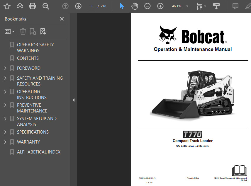 BOBCAT T770 COMPACT TRACK LOADER OPERATORS SERVICE REPAIR SHOP MANUAL PDF USB