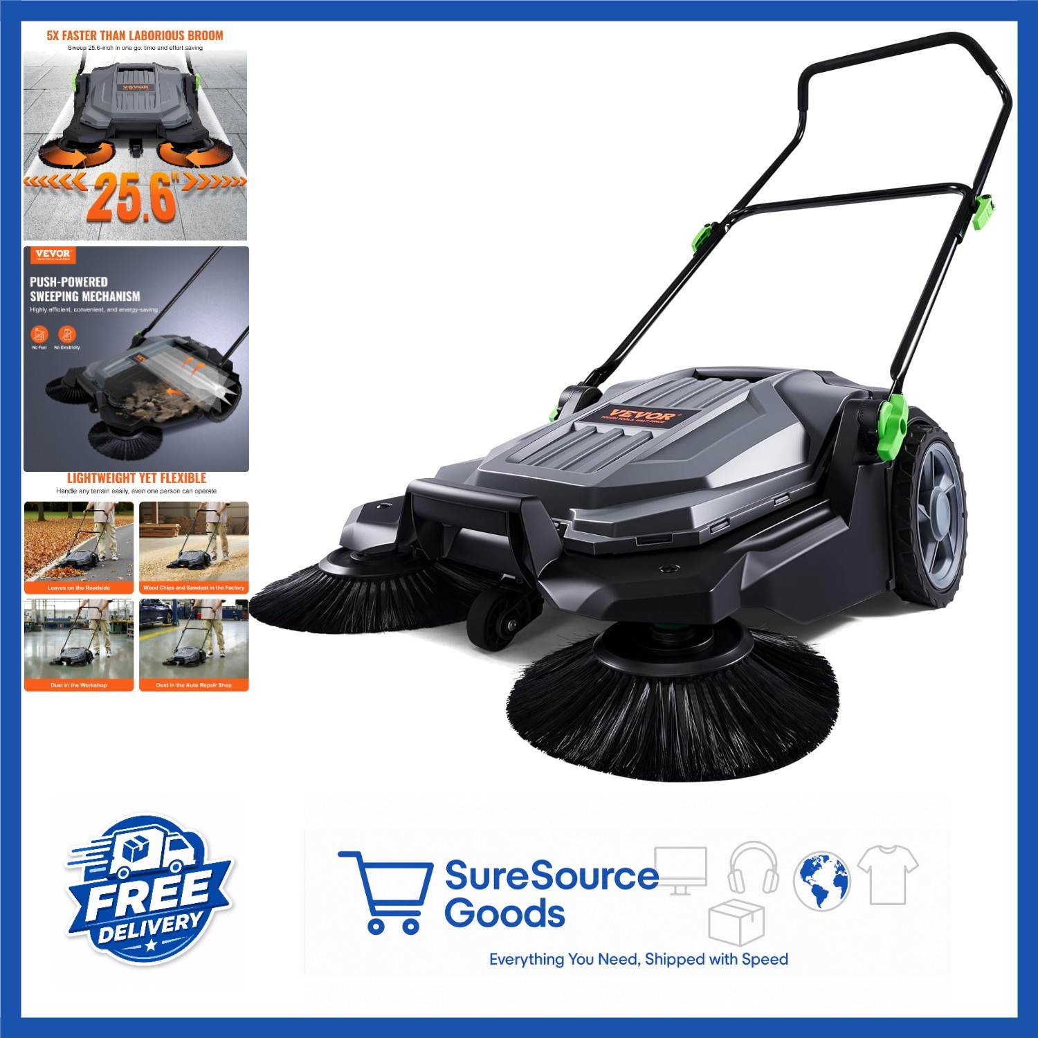25.6″ Walk-Behind Hand Push Floor Sweeper with Large 5-Gallon Waste Container