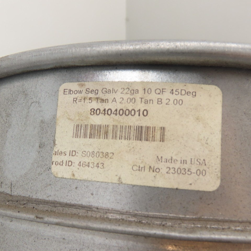 Nordfab 8040400010 10″ QF 45° Galvanized Steel Segmented Duct Elbow 22ga