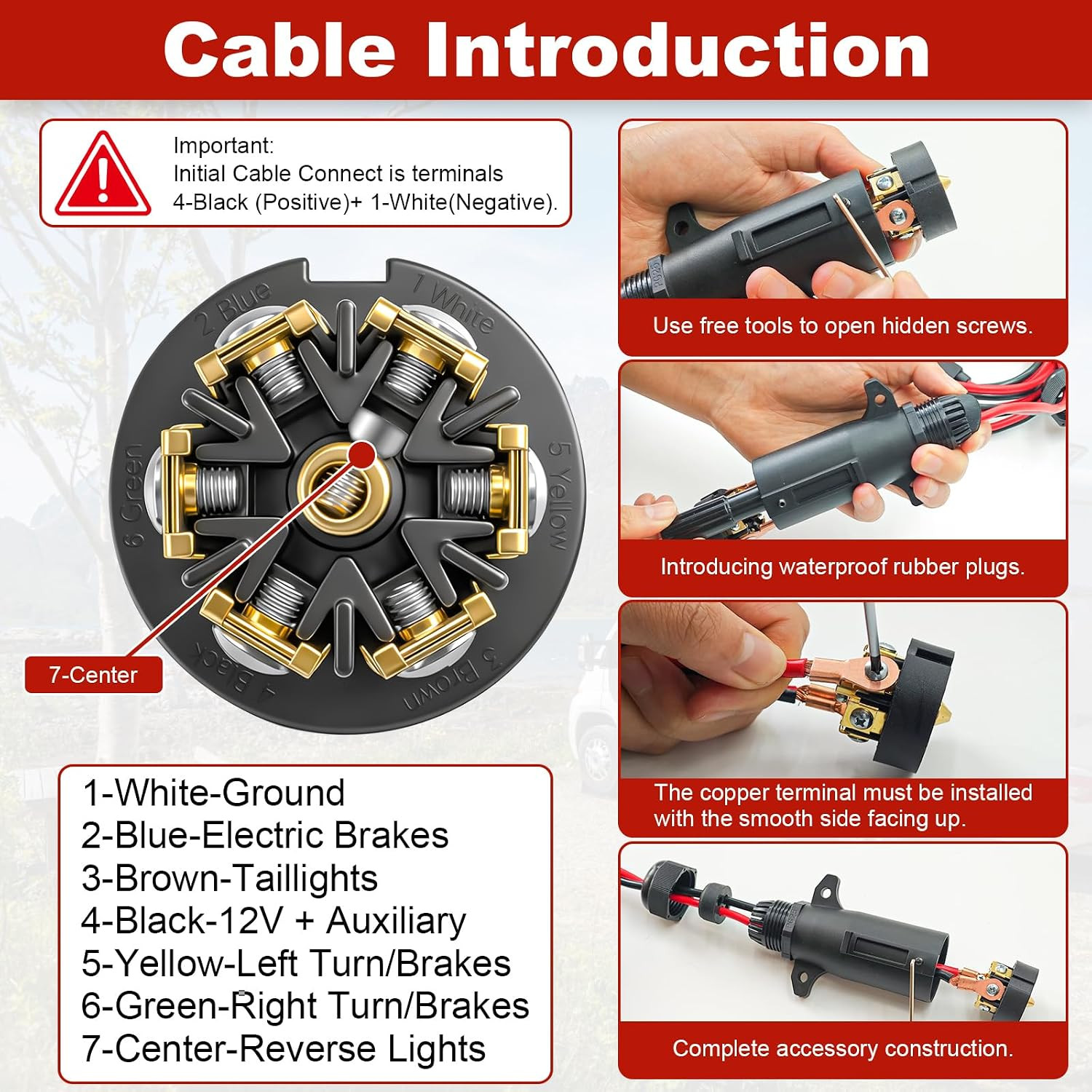7 Way Trailer Plug to Alligator Clips Cable,10Awg 7 Pin Power Access to O-Ring
