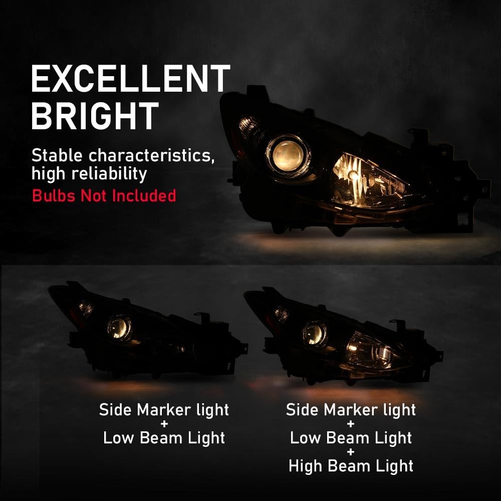 Headlight Pair w/o Bulbs Mazda 3 2014-2016 BHN1510K0 Clear Lens Black Housing