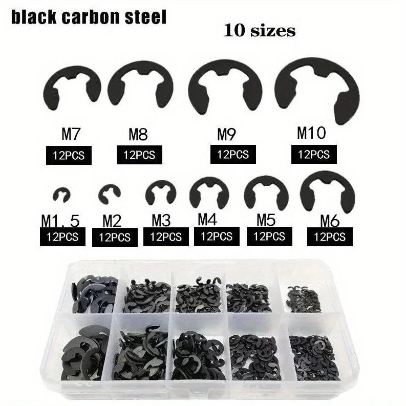 120PCS Black Steel E-Clip Snap Ring Set Retaining Circlip Washer Kit – NEW