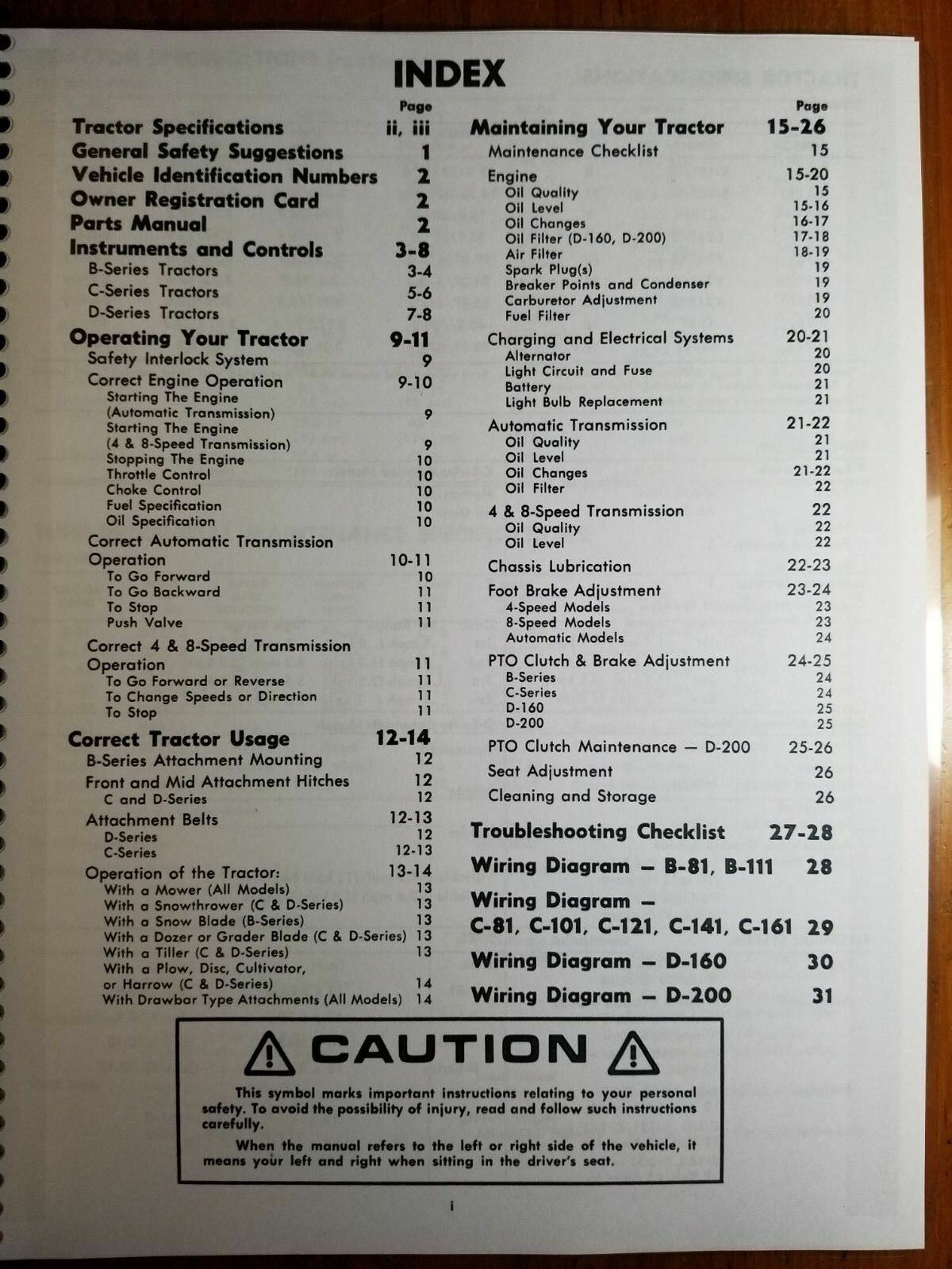 Wheel Horse B-81 B-111 C-81 C-101 C-121 C-141 C-161 D-160 D-200 Tractor Manual