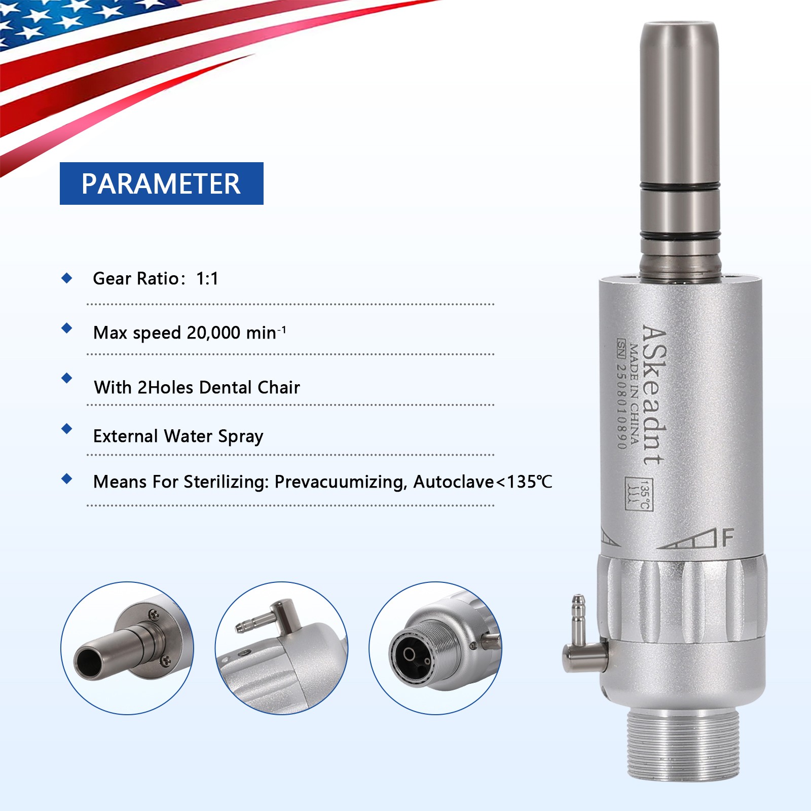 ASkeadnt Dental Slow Low Speed Handpiece Air Motor E-type 2 Holes Connector