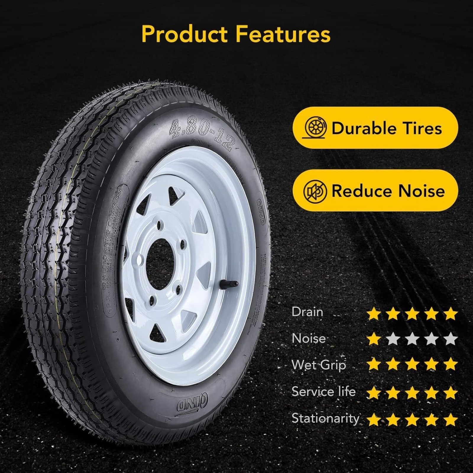 2 packs 4.80-12 4.80×12 Trailer Tires and Wheels with 12″ Rims 5 Lug on 4.5″ 6PR