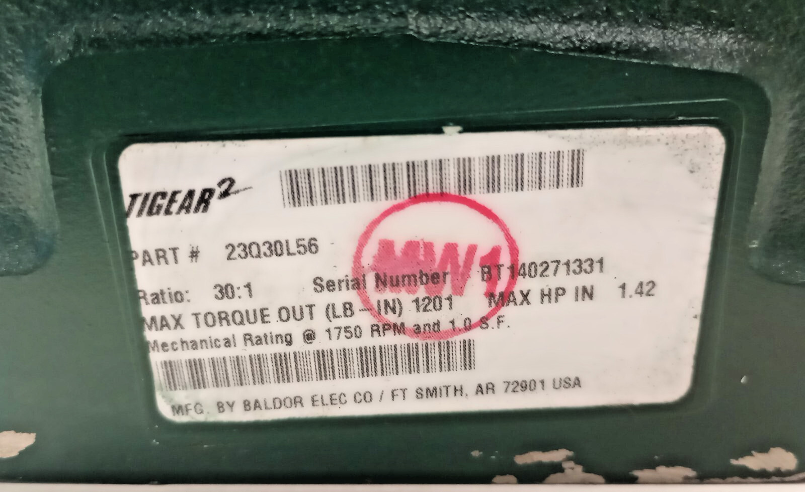 Dodge 23Q30L56 Used Gear Reducer Tigear 1.42hp 1201Lb-In Ratio 30:1 Baldor