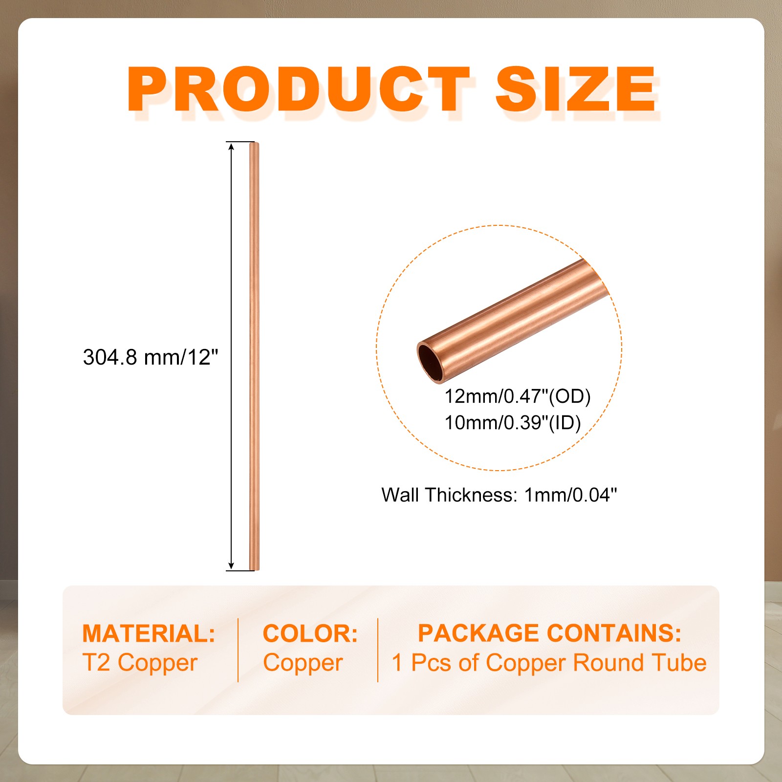 12mm OD x 1mm Wall Thickness x 300mm(11.8″) Length Copper Round Tube