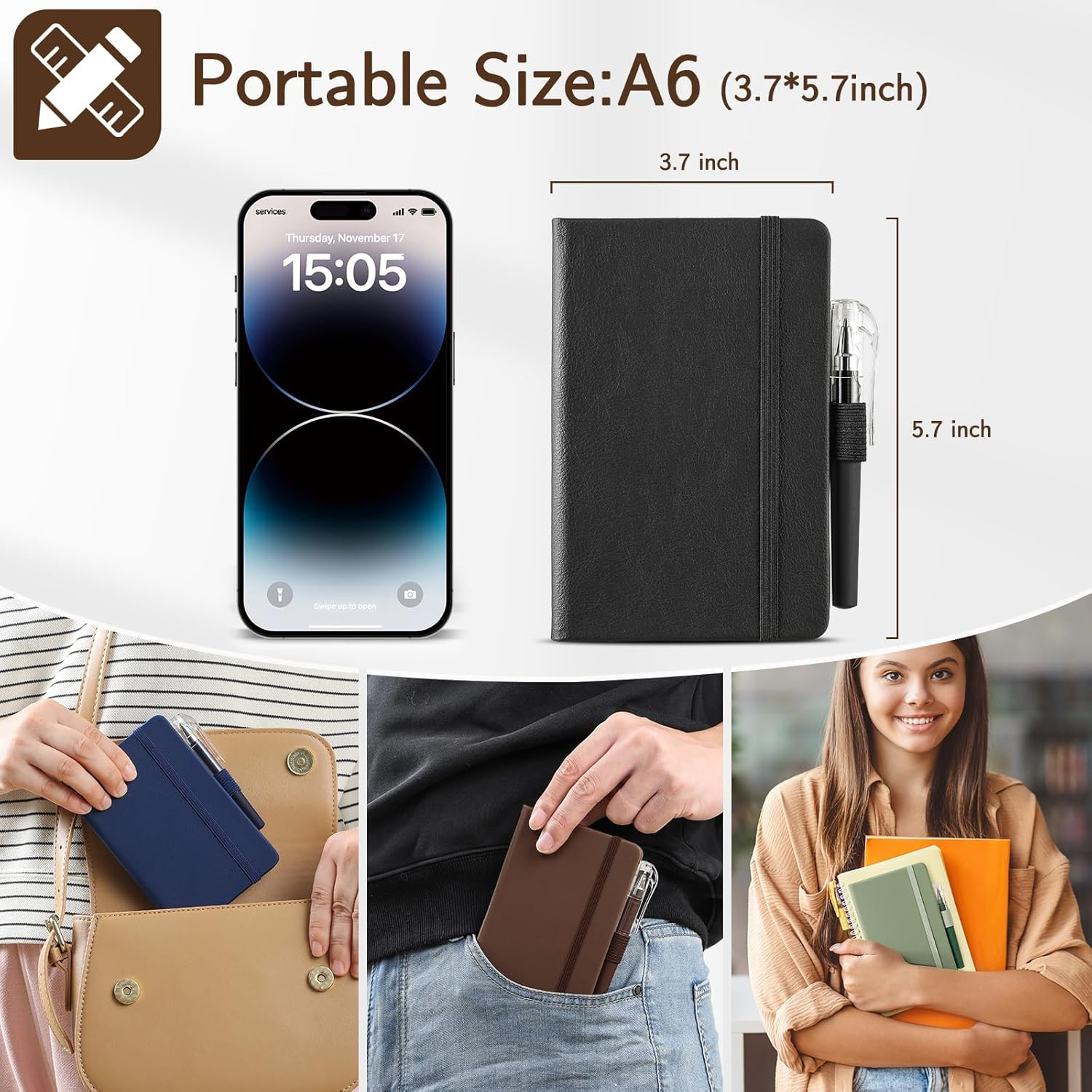 4 Pack Small Notebook Pocket Notebook, A6 Mini Leather Hardcover Journal, 3.7″ X