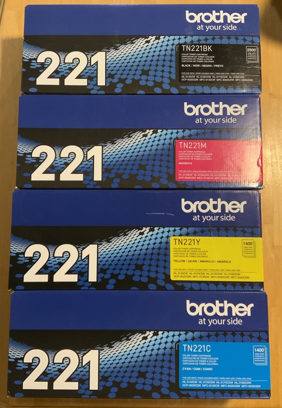 Brother TN221 Toner Set BK/C/M/Y, Genuine, OEM, High Yield, 4-Pack, Sealed