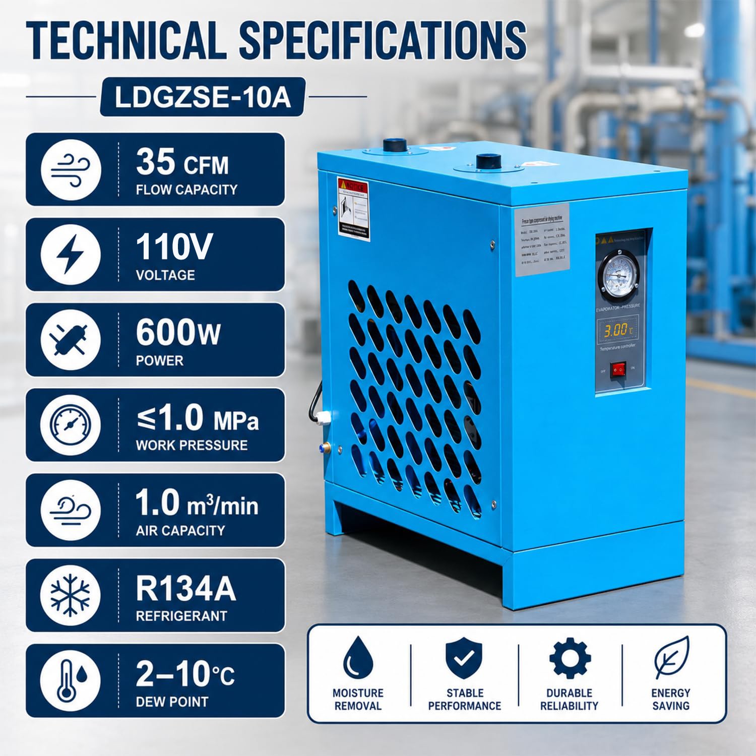 110V 35CFM 0.58 KW Refrigerated Compressed Air Dryer with R134a Cooling System